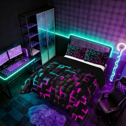 Image of Erosebridal Geometric Checkered Comforter Set Full Neon Teal Purple Bedding Set for Kids Boys Teen Men Gamer Room Decor,Abstract Ombre Plaid Comforter Grids Quilt Duvet Black
