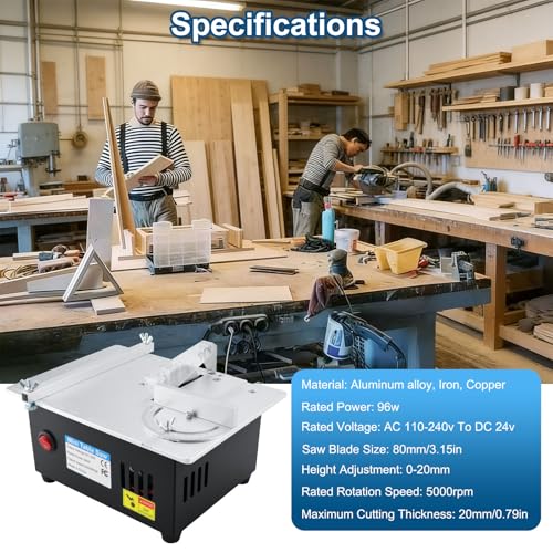 Mini Tischkreissäge 96W, Tragbare Präzisions Tischsäge, 7-Gang-Netzteil, Schnitthöhe 0-20mm, mit 2 Sägeblätter & Sicherheitsklappe, Multifunktional Tischkreissäge für Holzarbeiten