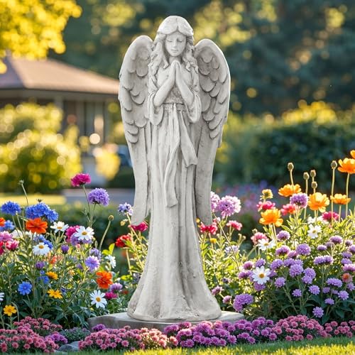 Ultym Praying Angel Statue for Outdoor Garden 26.4 Inch Large Heavenly Memorial Sculpture Durable MGO Stone Standing Angels for Yard Patio or Cemetery Decor Offering Comfort & Peace Antique White