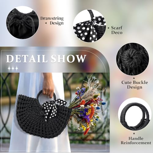 Image of YYW Straw Bags for Women,Hand-woven Straw Top-handle Bag with Round Ring Handle Summer Beach Rattan Tote Handbag