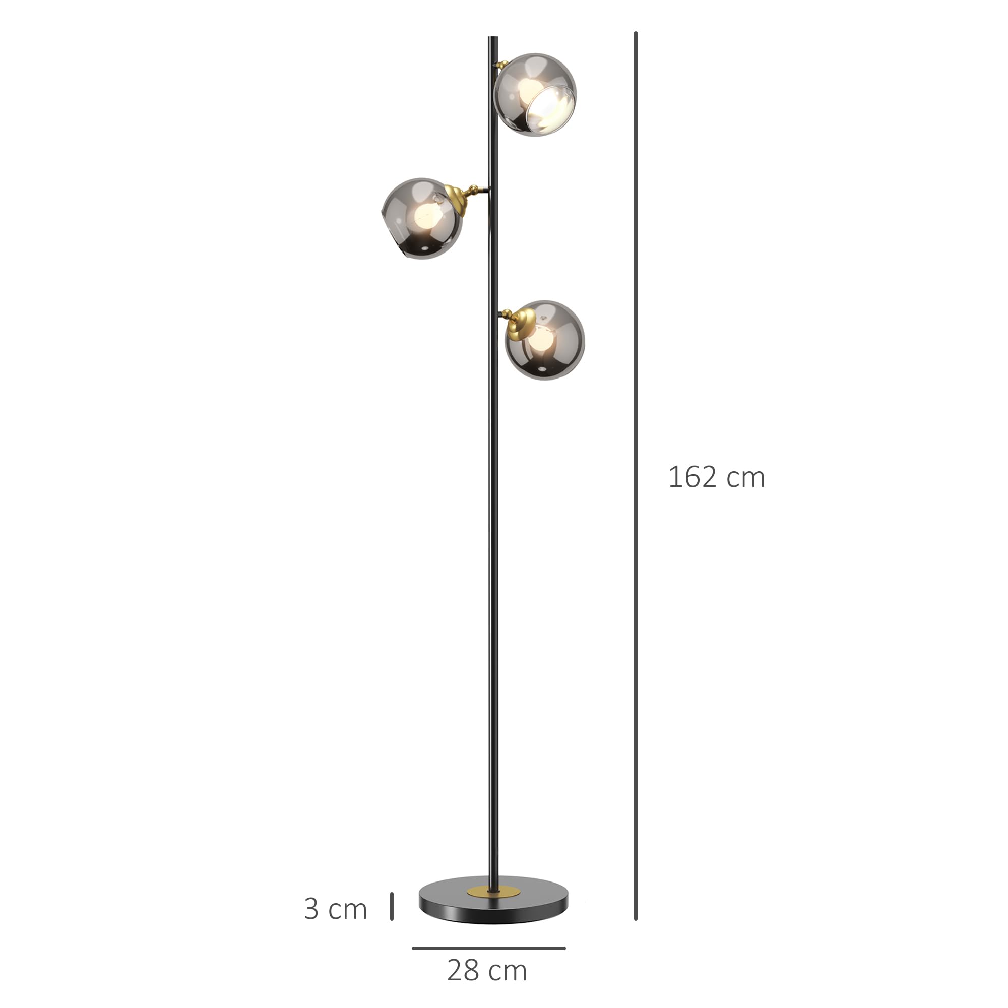 HOMCOM Lampada da Terra in Metallo ad Albero, Lampada per Soggiorno con 3 Paralumi in Vetro, Ø36x162 cm, Nero e Grigio