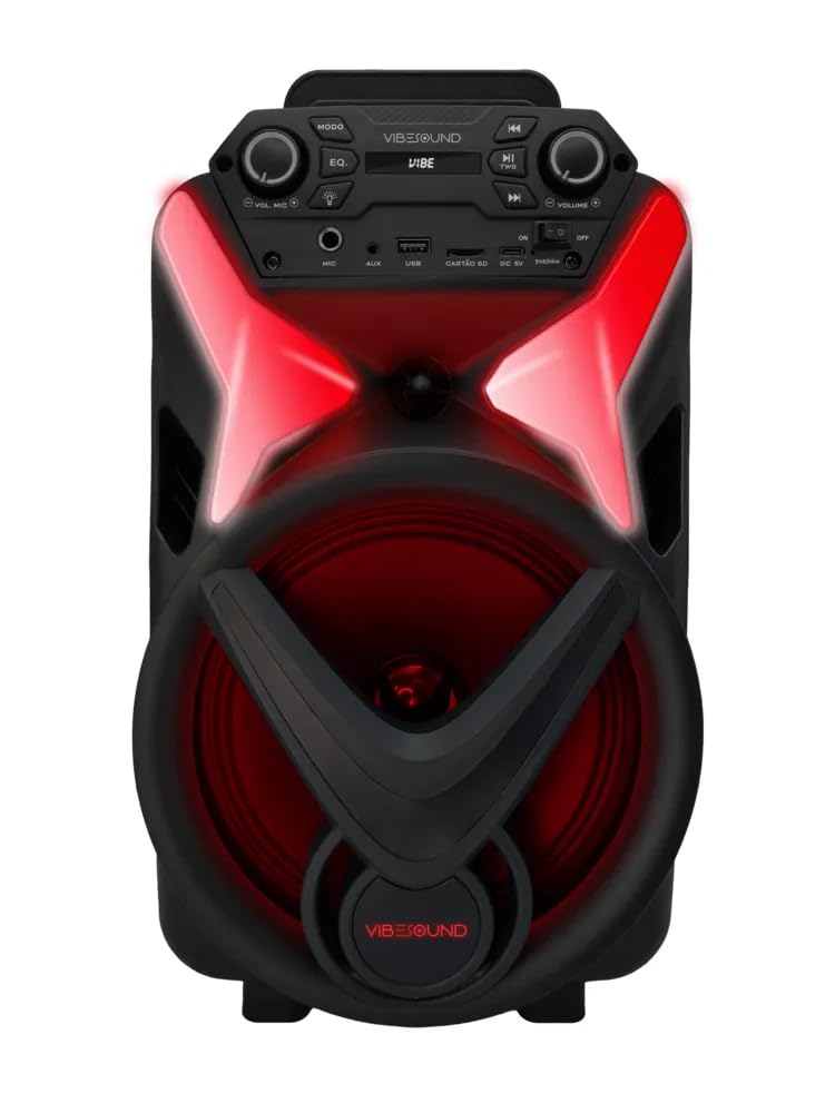 Davant view of the Vibe Sound V8 Power AF 8 Amplified Speaker with red LED lights