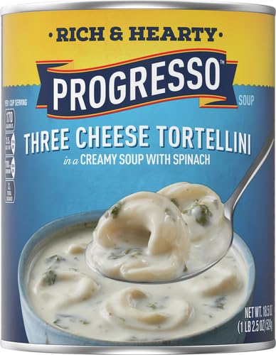 Image of Progresso Rich & Hearty Three Cheese Tortellini Soup, 18.5 oz | Cheese tortellini in creamy chicken broth with spinach, 170 calories per 1-cup serving, No artificial flavors