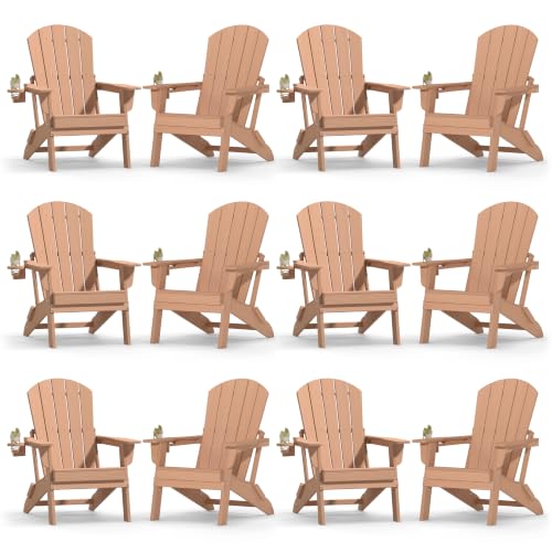 Image of Plawdlik Folding Adirondack Chair 12-piece Set, Cup Holder, Teak | pin-free folding, 38-in tall back, Wood-grain All-weather HDPE; for fire pit, poolside, deck, backyard, patio