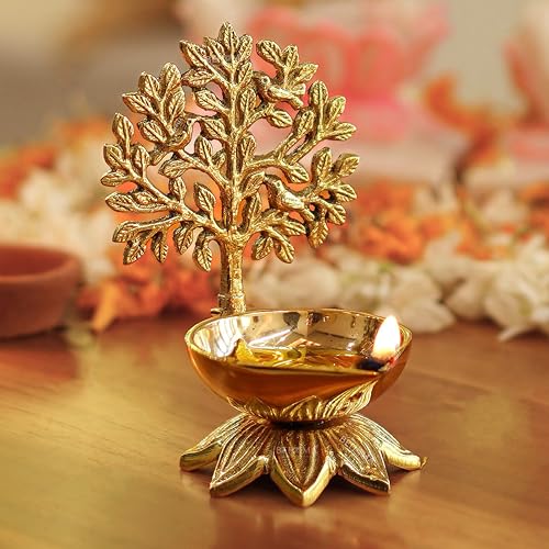 Image of Behoma 100% Pure Brass Kalpavriksha Diya for Puja | Deepak for Mandir | Office & Home Decoration Handcrafted Tree of Life Diya for Pooja Room & Temple | Best Religious Gift for Anniversary, Wedding