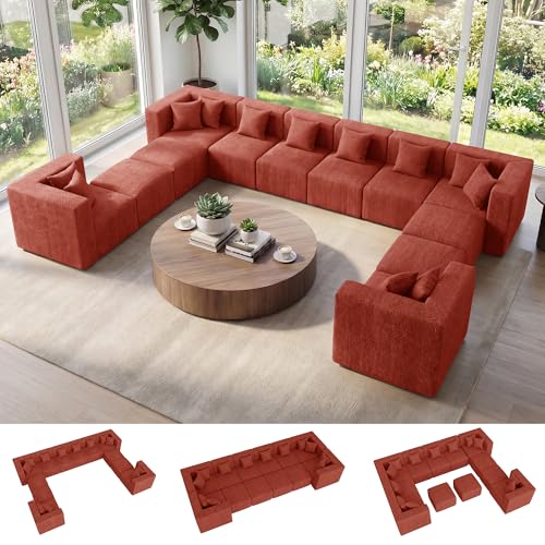 Image of MONVANE Oversized Boneless Sectional Couches for Living Room, 12-Seat Cloud Couch, Modular Sofa with Ottoman & 12 Throw Pillows, Comfy Chenille, No Assembly Required, Red