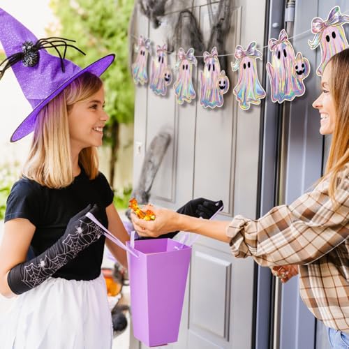 Image of Oudain 2 Pack Halloween Ghost Garland 6.56 ft Iridescent Ghost Decor Laser Cute Boo Holographic Paper Bow Hanging Banner for Halloween Party Decor Birthday Party Home Indoor Outdoor Mantel
