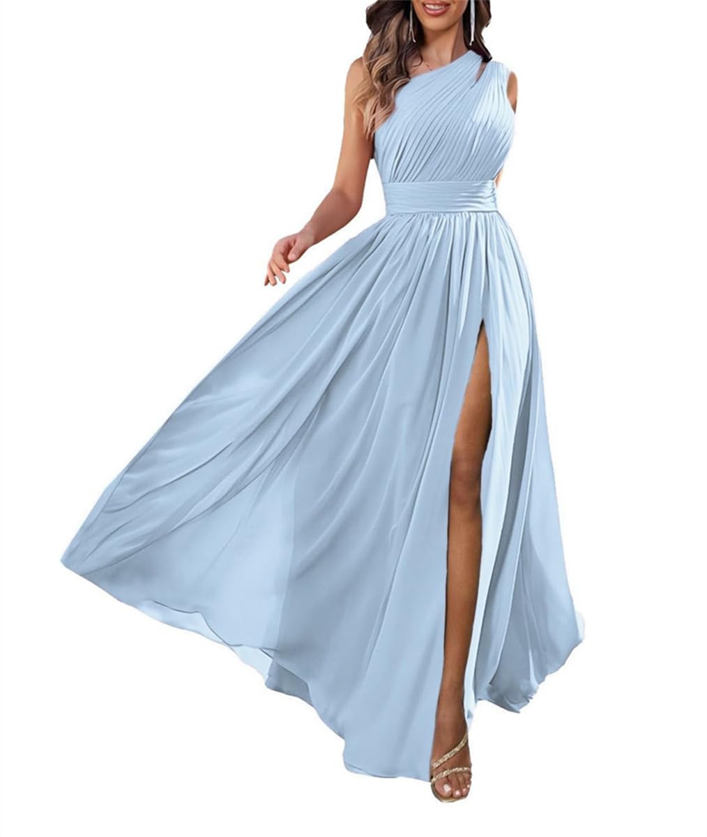SAYNO Vestidos de dama de honor de un hombro para boda, vestido de fiesta de gasa plisado con bolsillos, vestido formal recortado