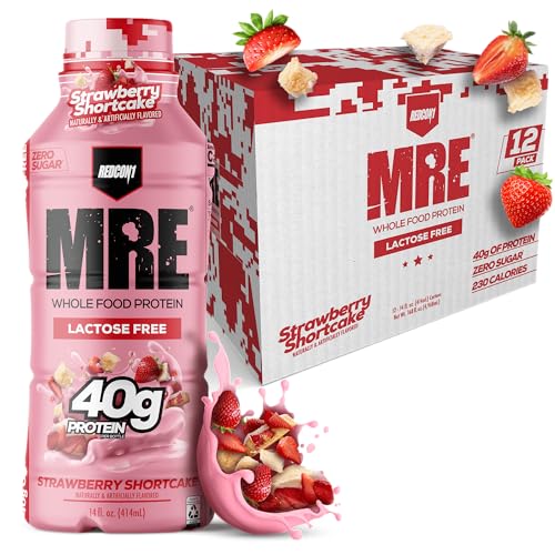 REDCON1 MRE Ready to Drink Protein Shake, Strawberry Shortcake- Lactose Free RTD 40gr Protein Made with Real Whole Food Protein Blends - Easy to Digest Nutritional Shake (12 Pack)