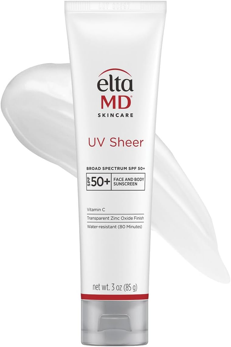 EltaMD UV Sheer Face and Body Sunscreen with Zinc Oxide, SPF 50+, 3 oz | Combined Moisturizer and Sunscreen, No White Cast, Lightweight, Sheer Finish, Water Resistant Up to 80 Minutes