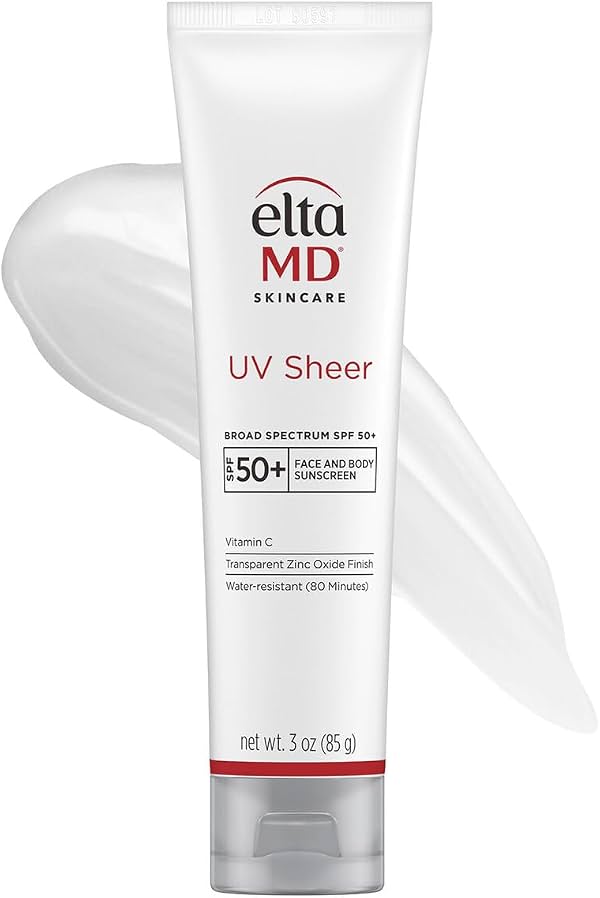 Protector solar EltaMD UV Sheer para rostro y cuerpo con óxido de zinc, SPF 50+, 3 oz | Combinación de hidratante y protector solar, sin residuo blanco, ligero, acabado transparente, resistente al agua hasta 80 minutos, 3 oz