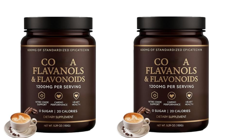 Cacao en polvo con alto contenido de flavanol / 1200 mg por porción/Flavonoides y 600 mg de epicatequina/Soporta óxido nítrico y circulación,2Pcs