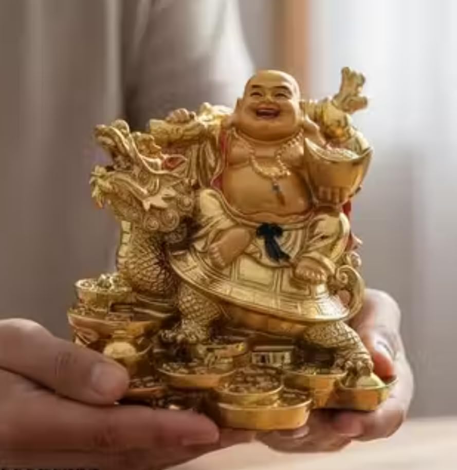 Image of POOMEE Luxury Golden Laughing Buddha Statue for Home and Office Decor Premium Glossy Finish Resin Feng Shui Buddha Idol for Wealth Happiness Prosperity with Stable Base 13 cm