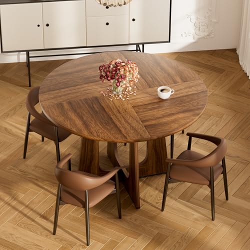 47" Round Dining Table for 4-6, Farmhouse Wood Kitchen Table, Mid-Century Wooden Circle Dinner Room Table Easy Assembly for Dining Room, Kitchen, Living Room (Brown) - Image 3
