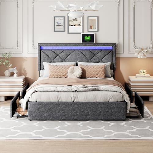 BRYXR Doppelbett 140x200 cm, Polsterbett mit USB Ladefunktion und LED-Kopfteil, Bett mit 4 Schubladen, Verstellbar Kopfteil, Stauraumbetten, Funktionsbett, Leinenstoff, Ohne Matratze, Dunkelgrau