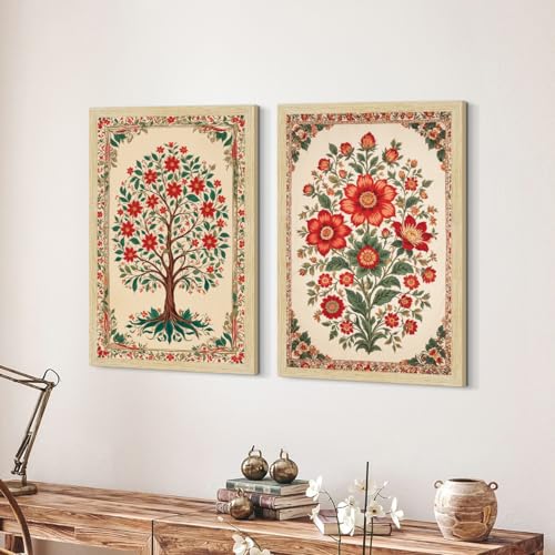 Image of ArtX Paper Floral Art Paintings with Frame for Home Decor, Madhubani Wall Painting for Living Room, Multicolor, Natural Wood Color Frames, Set of 2