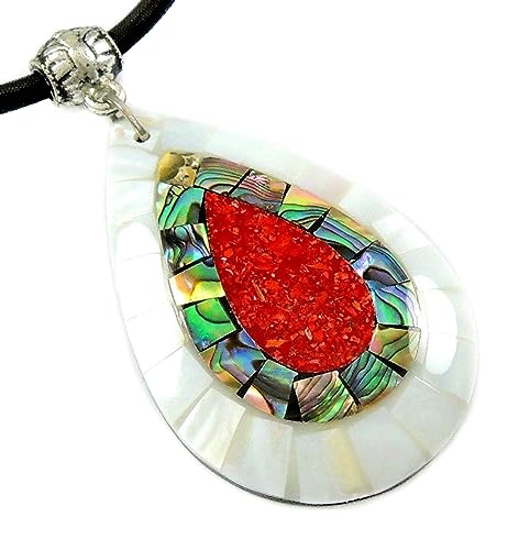 Paua Abalone Shell Necklace with Red Coral and Mother of Pearl Pendant on 16 to 27 inch Adjustable Cord Jewelry CA423