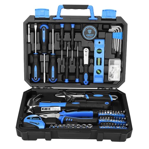 DEKO Caja de Herramientas de 100 Piezas Color Azul, Kit de Herramientas de Bricolaje para Hogar, Oficina y Coche, con Juego de Destornilladores, Martillo y Set de Alicates