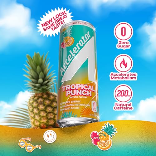 Image of Accelerator Active Energy Drink, Tropical Punch, 12oz can (12 pack) | Zero Sugar, Sustained Energy from 100% Natural Caffeine (200mg from Green Coffee Bean & Green Tea extract)