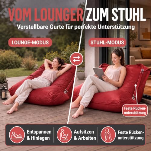 SMOOTHY® Sitzsack XXL 450L Riesensitzsack Outdoor & Indoor Zinnober-Rot | Waschbarer Bezug, feste...