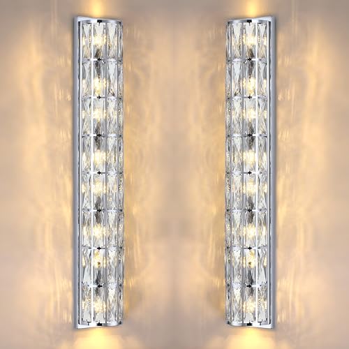 Image of 2 Pack 8 Light Modern Concise 34.55 inch Polyhedral Crystal Shade Wall Sconce Light Fixtures,Chrome Finish for Bathroom,Bedroom Living Room Bedside G9 Base