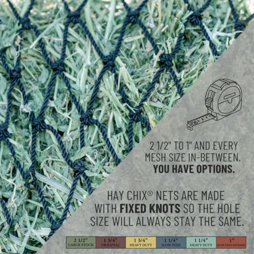 Hay Chix Hay Net for Horses and Livestock | Half Bale Net - SLOW FEED (1 1/4\" Holes) Hay Bag Feeder | Made with Marine-Grade UV Treated Nylon | Holds 4-6 Flakes
