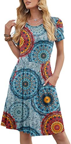 DouBCQ Women's Casual Short Sleeve Flowy Pleated Loose Dresses with Pockets (Flower Mix Blue, S)