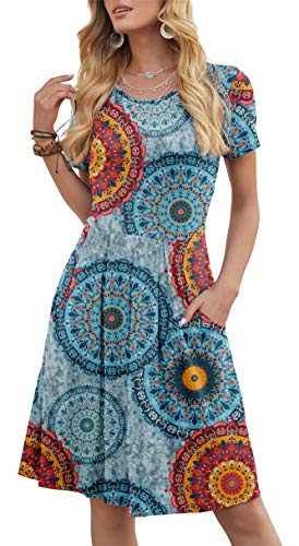 Doubcq Women's Casual Short Sleeve Flowy Pleated Loose Dresses With Pockets (Flower Mix Blue, S) #TOP7