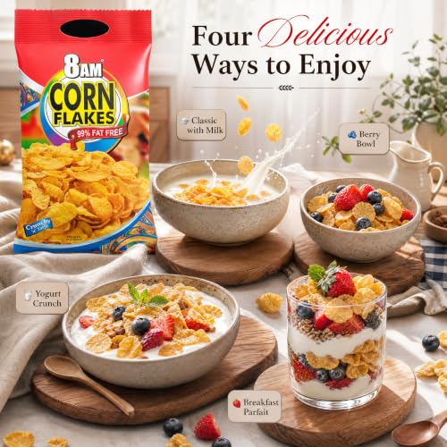 Image of 8AM Corn Flakes 500 Gram (Pack Of 2), 92% Corn, 99% Fat Free, No Cholesterol, Trans Fat, Artificial Additives, Vitamins B1, B2, B3, B6, B9, Iron, Calcium, Crunchy & Nutritious Cereal