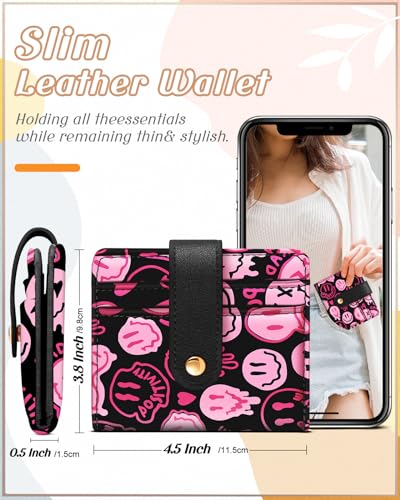 Image of Bistup Small Card Wallet for Women with Keychain, Y2K Pink Smile | Clear ID Window, Compact Design for Daily Carry, Durable Material, Sturdy Keychain, Aesthetic