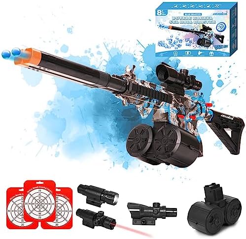OENLOL Gel Ball Blaster Double Barrel Multiple Mode with 60000 Water Beads, IR, Flashlight Double Drum Splatter Ball Blaster for Outdoor Activities Shooting Team Game Ages 12+