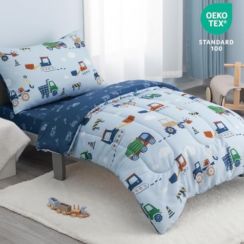 Image of david's kids 4 Piece Toddler Bedding Set - Soft Breathable Toddler Bedding Set for Boys Girls, Includes Quilted Comforter, Flat Sheet, Fitted Sheet and Pillowcase, Truck