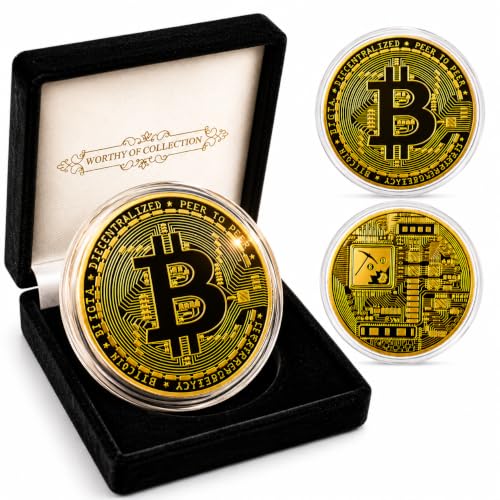 PfX Physische Goldene Bitcoin Sammler Münze [mit 24-Karat Echt-Gold überzogen] inklusive edlem Samt Münz-Etui (Gold)