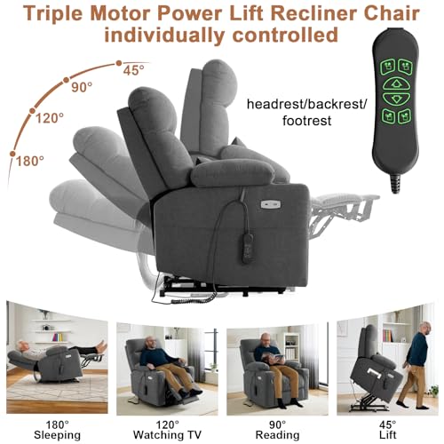 Image of BEDHOURS Tri-Motor Power Lift Recliner Chair for Elderly, Zero Gravity Infinite Position Lay Flat Lift Chair w /Adjustable Headrest & Lumbar, Vibration Massage & Heat, Cup Holders, Grey