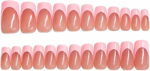 Pink French Medium Square Handmade Salon Quality Reusable Press-On Nails (24 pcs) with Application Kit