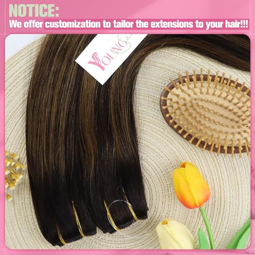 Image of YoungSee Wire Human Hair Extensions Dark Brown, Invisible Wire Hair Extensions Human Hair, Darkest Brown with Medium Balayage, Adjustable Fish Line Hair Extension with Clips, 16 Inch 85g Straight Hair