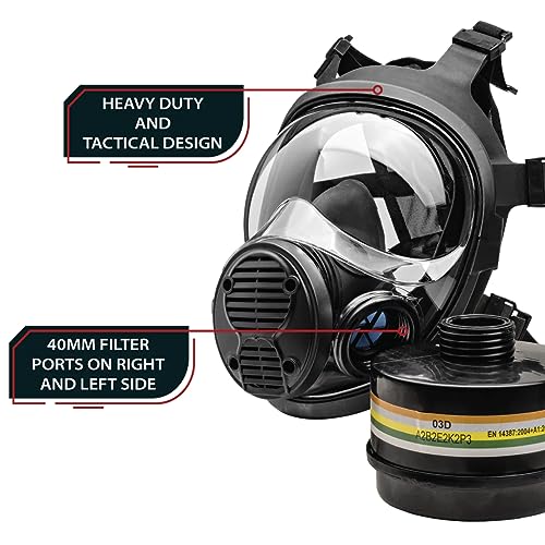 NB-100 Dark Amber Full Face Tactical Gas Mask Respirator - Gas Masks Survival Nuclear and Chemical Military Grade with A2B2E2K1P3 R 40mm Canister Filter, Compatible with Hazmat Suit, EN136:1998 CL2
