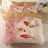 Funda Nordica Cama Cúrcuma - Oriental Acuarela Koi Flores de Cerezo Estampada - Funda Edredon 135 x 200 cm y 1 Fundas de Almohada, Juego de Ropa de Cama de 2 Piezas Microfibra Suave con Cremallera