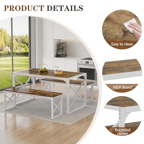 Image of VECELO 55 inch Kitchen Dining Table Set for 4, Heavy-Duty Steel Frame & Wood-Grain Tabletop, Space-Saving Dinette Sets with 2 Benches for Breakfast Nook and Small Space, Drak Brown
