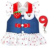 Small Dog Harness and Leash Set Denim Cat Harness Dress for Puppy Clothes for Girls Pink Dog Birthday Dress French Bulldog Harness with Strawberry Bear Decoration