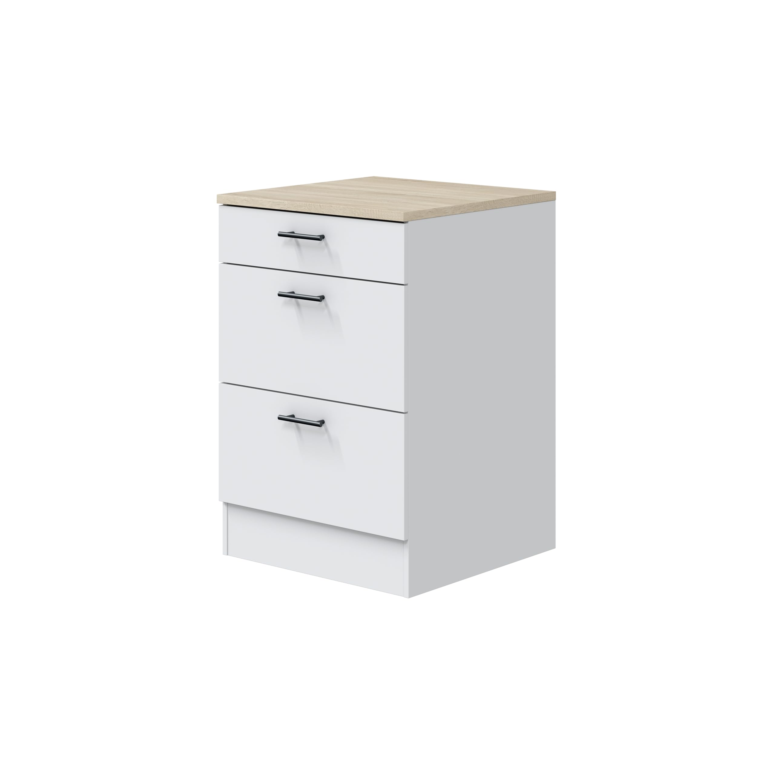 Mobelcenter, Mueble Bajo de Cocina con 3 Cajones de Estilo Moderno, Acabado Color Blanco Brillo y Roble Canadian, Medidas: Ancho: 60 cm x Fondo: 60 cm x Alto: 90 cm (1536)