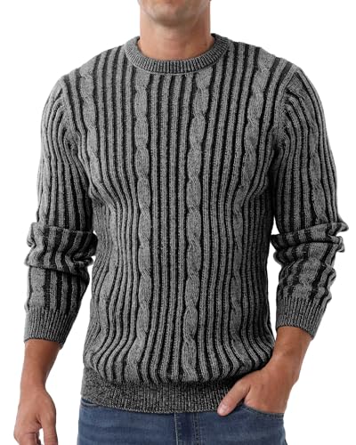 Image of Askdeer Men's Pullover Sweater Cable Knit Casual Crewneck Sweaters Classic Soft Knitted Pullover Tops with Ribbing Edge