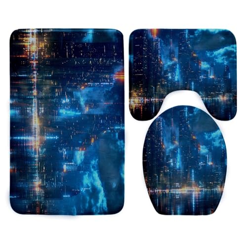 Tapete de baño antideslizante con diseño de paisaje azul, 3 piezas, tapete absorbente de agua, tapete de baño en forma de U, lavable a máquina, tapete mate para baño, 50 x 80 cm