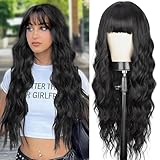 XIXIBI 30 Inch Long Black Wigs with Bangs Long Wavy Wigs for Women Natural looking Wig Synthetic Curly Wavy Hair Replacement Wigs for Daily Party Use