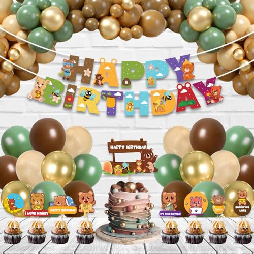 Image of Festiko Set of 35 Pcs Bear Theme Happy Birthday Combo (Banner, Balloons, Cake & Cupcake Toppers), Bear theme birthday decorations