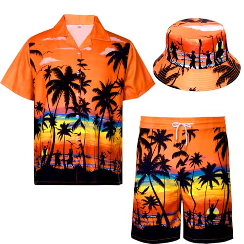 Moerstar Hawaiihemd Herren Kurzarm, 3 Teiliges Casual Kurzarmhemd Set mit Shorts Fischerhut, Ozean Palmen für Sommer Strand Party (Orange, XL)