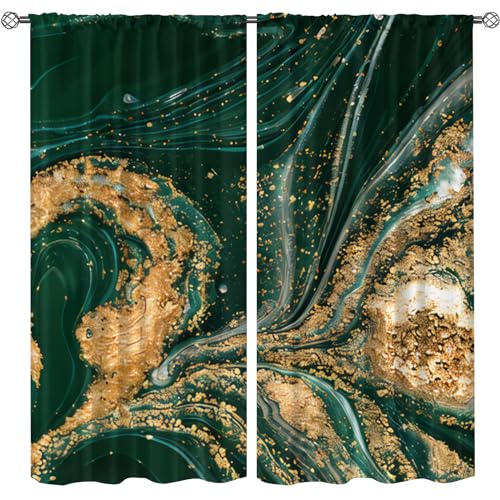 Abstract Dark Green Golden Marble Blackout Boy Curtains, Luxurious Gold Fluid Art Rod Pocket Noise Reducing Darkening Window Curtain Bedroom Living Room Kitchen-2 Panels W21xL54in