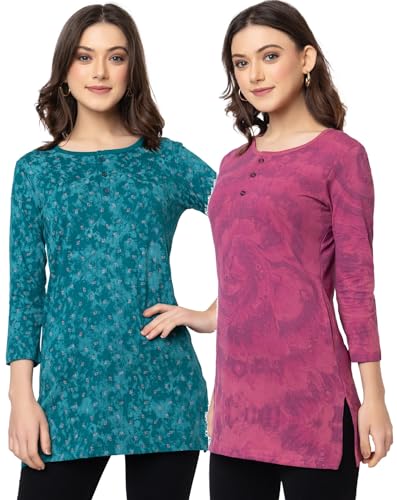Image of Women Regular Fit Henley All Over Print T-Shirt (Combo of 2) | Small-5XL