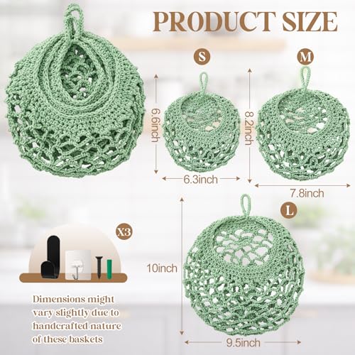 Image of Honeydak 3 Hanging Baskets, Sage Green, Crochet, Cotton Rope