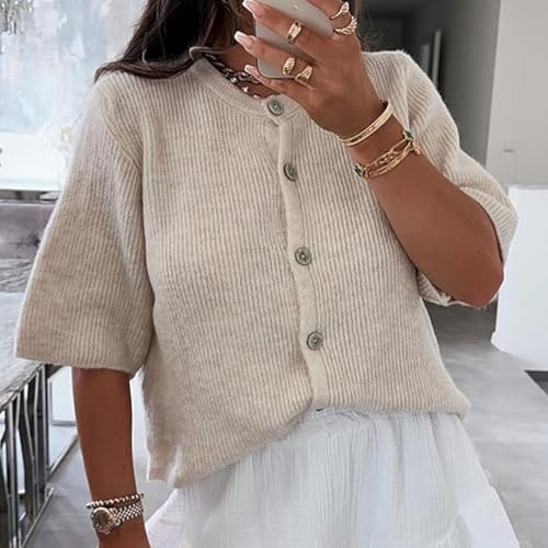 Women Casual Round Neck Short Sleeve Knit Cardigan Sweater Loose Fit Open Front Button Down Crop Sweater Jacket2